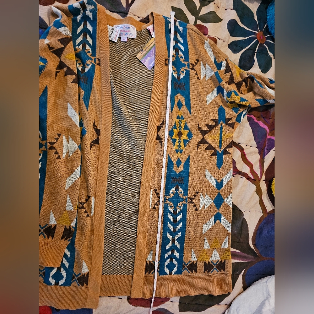 Panhandle Aztec Sweater Cardigan Size XL NWT Brass And Blue - Picture 10 of 11